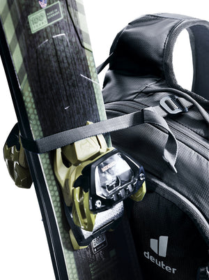Deuter Freecline 15 close-up with a pair of skis strapped upright to the side of the pack