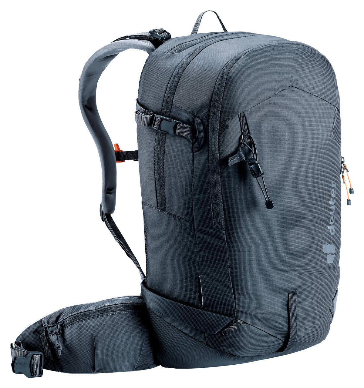 Deuter Freerider 22 SL in Black, side three-quarter view with the ski carry straps