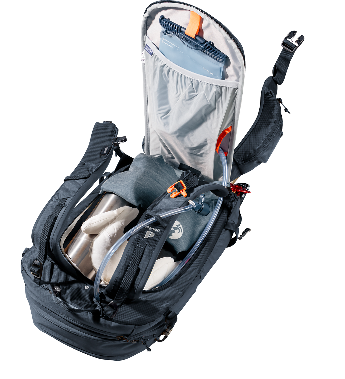 Deuter Freerider 24 rear panel unzipped to show main compartment and hydration sleeve