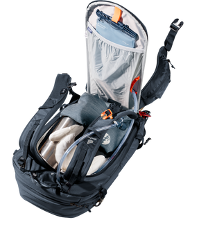 Deuter Freerider 24 rear panel unzipped to show main compartment and hydration sleeve