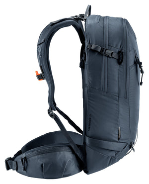 Deuter Freerider 24 in Black, side profile with ski strap and hip fin