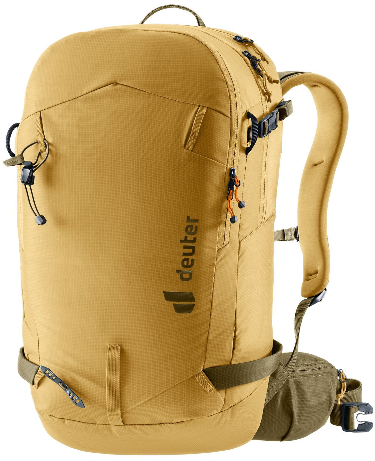 Deuter Freerider 24 in Savanna Nori, mustard yellow ski pack with olive hip fins