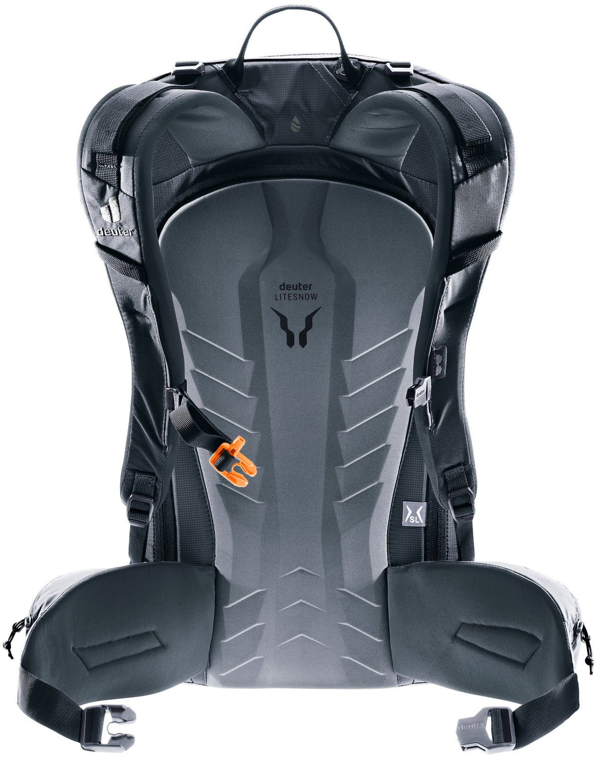 Back of the Deuter Freerider 28 SL showing the snow-shedding LiteSnow back panel and hip fins