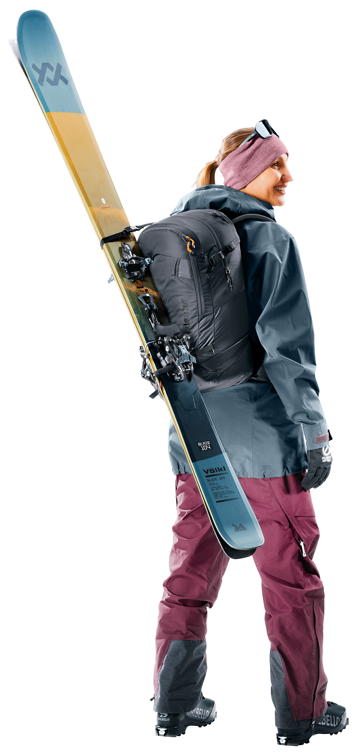 Deuter Freerider 28 SL worn by a woman with skis strapped upright to the side of the pack