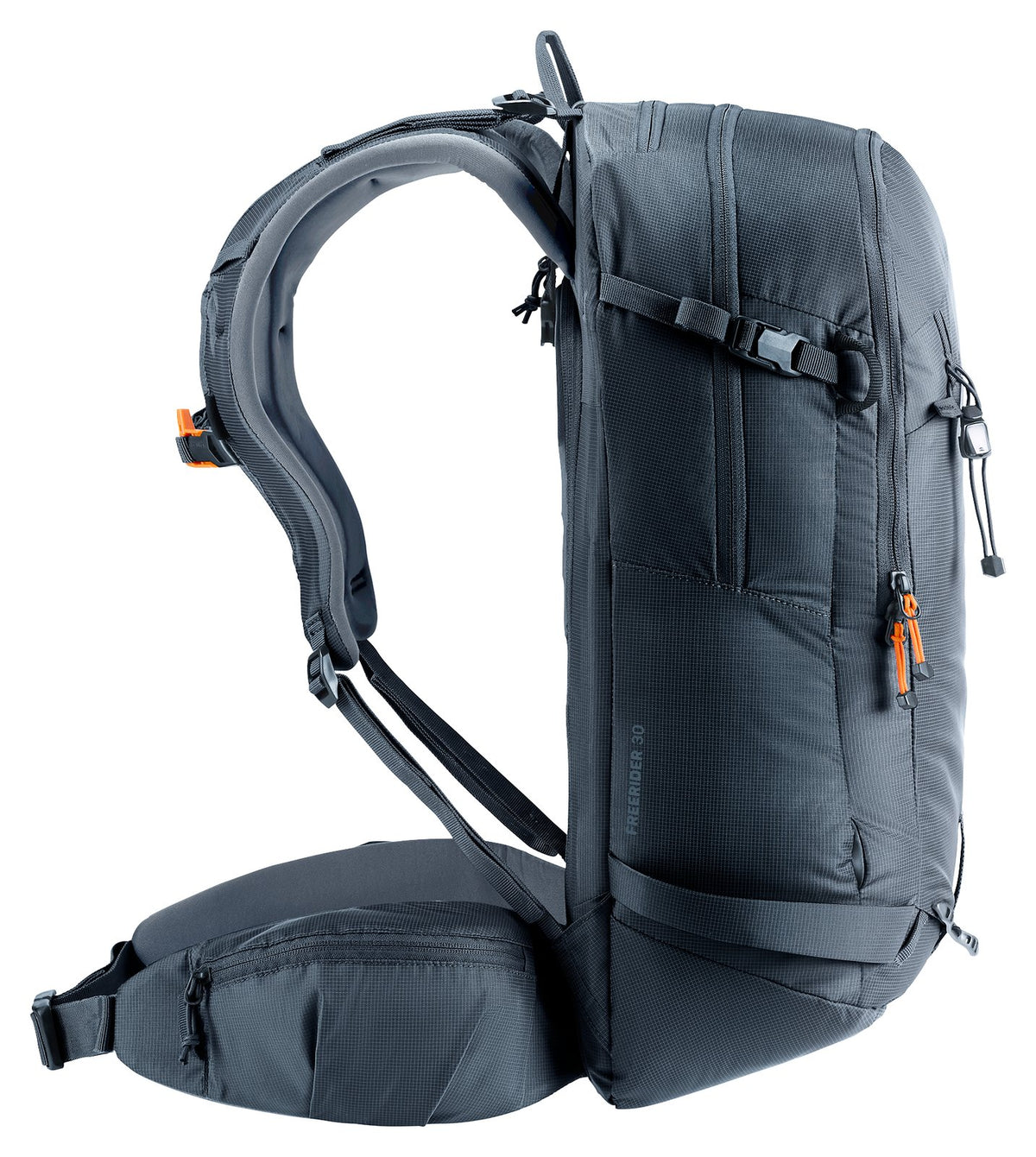 Deuter Freerider 30 in Black, side profile of the shoulder straps and hip fin