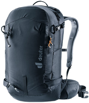 Deuter Freerider 30 ski backpack in Black, front three-quarter view with hip fins