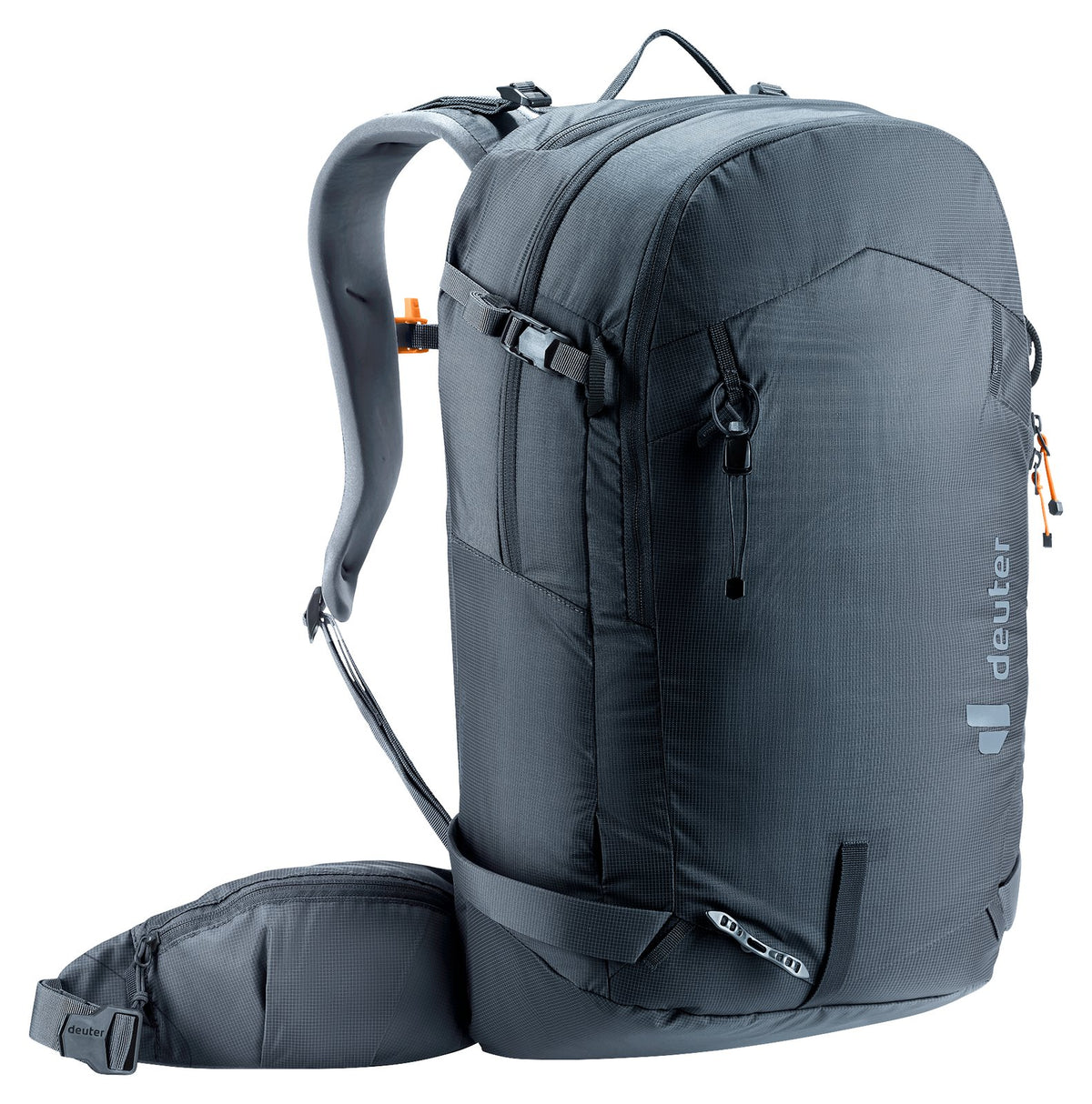Deuter Freerider 30 in Black, front three-quarter view of the side and hip fin
