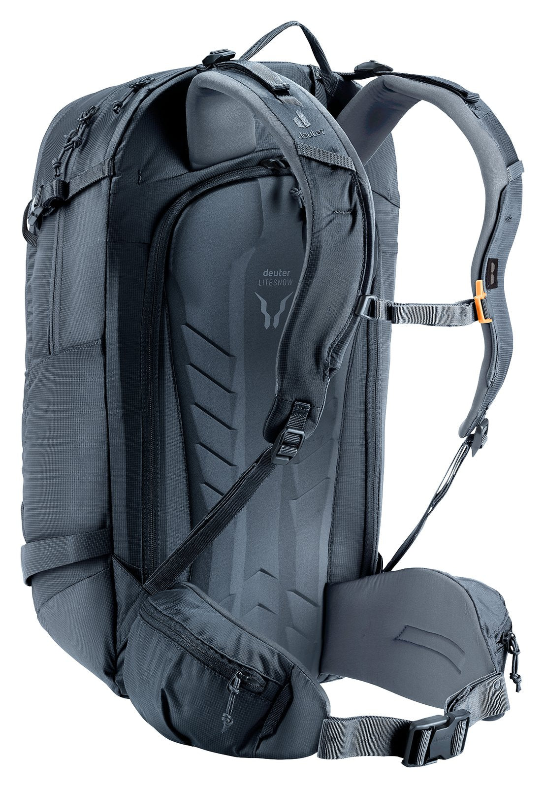 Deuter Freerider 30, rear three-quarter view of the U-shaped back zip