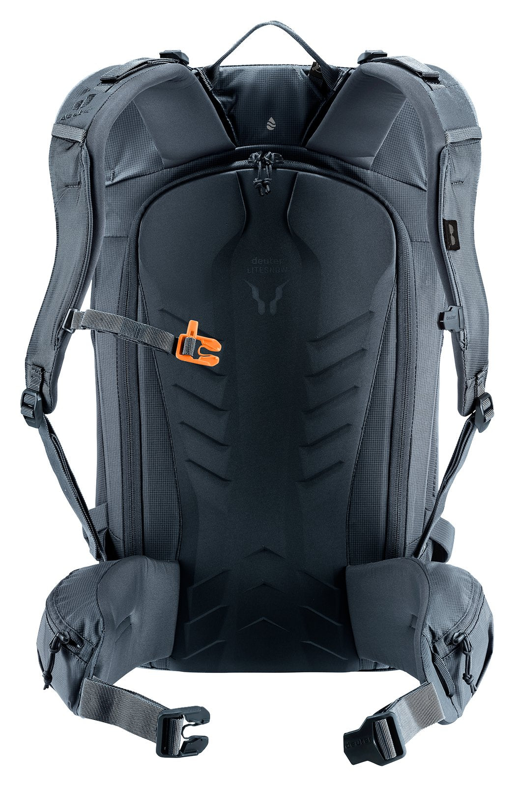 Back of the Deuter Freerider 30 showing the LiteSnow back panel and hip fins