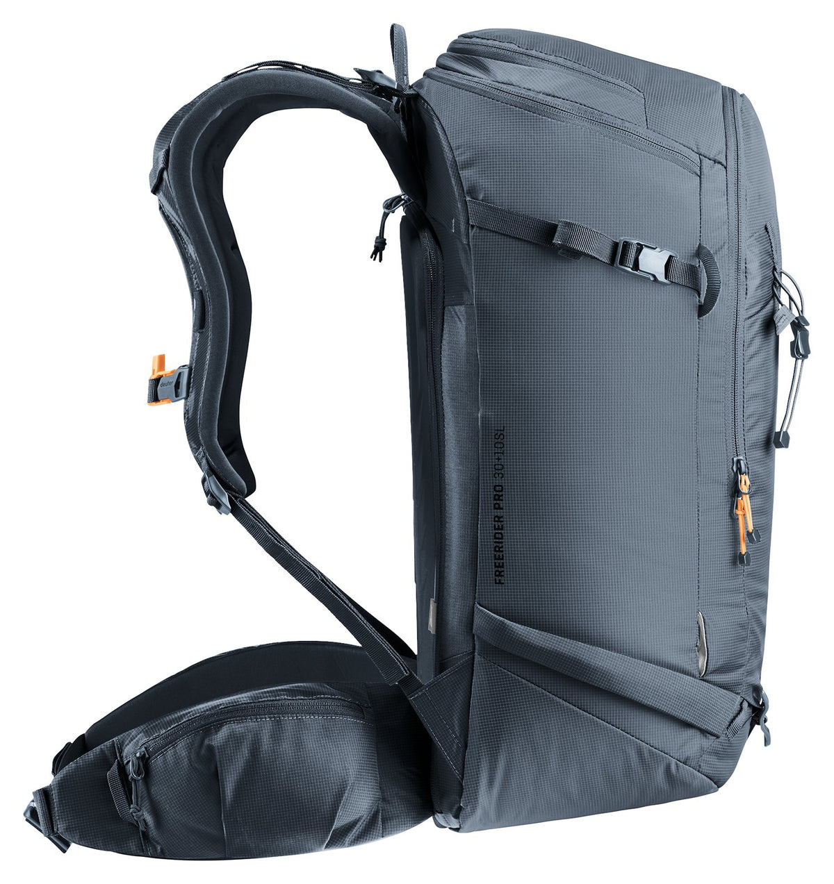Side profile of the Deuter Freerider Pro 30+10 SL in Black with compression strap and hip fin