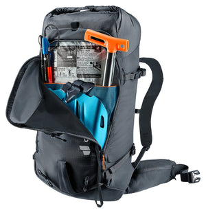 Deuter Freescape Lite 24 SL front pocket open with avalanche shovel and probe inside