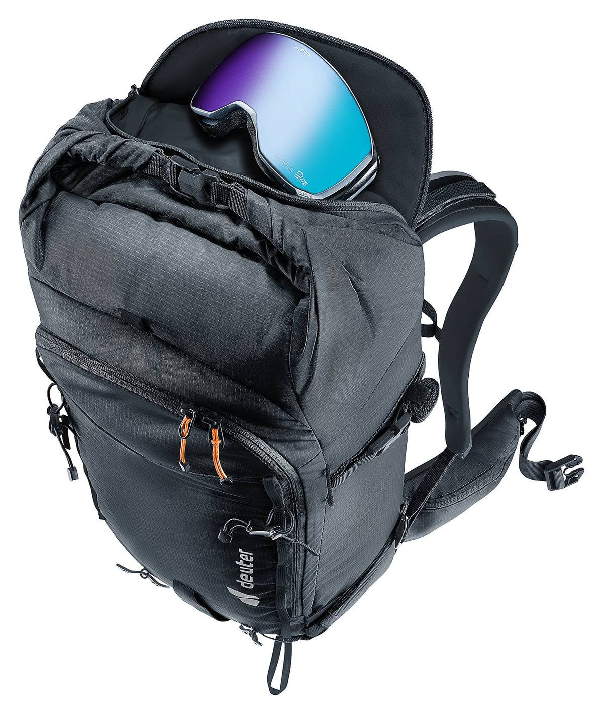 Deuter Freescape Lite 24 SL fleece-lined goggles pocket open with ski goggles