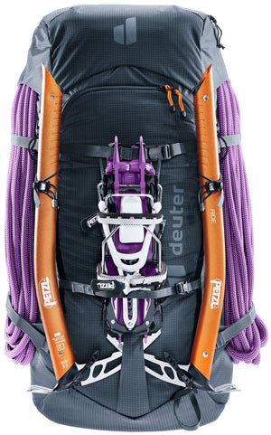 Deuter Freescape Tour 30 SL carrying a rope, two ice axes and crampons on the front