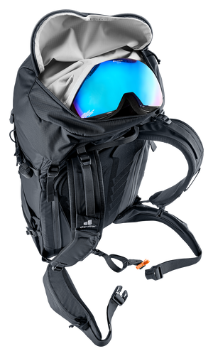 Deuter Freescape Tour 32 lid open showing goggles in the fleece-lined pocket
