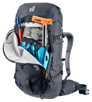 Deuter Freescape Tour 38 SL avalanche pocket open with shovel, probe and first aid kit