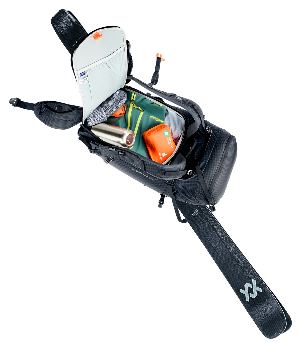 Deuter Freescape Tour 38 SL rear opening unzipped with a ski still strapped on