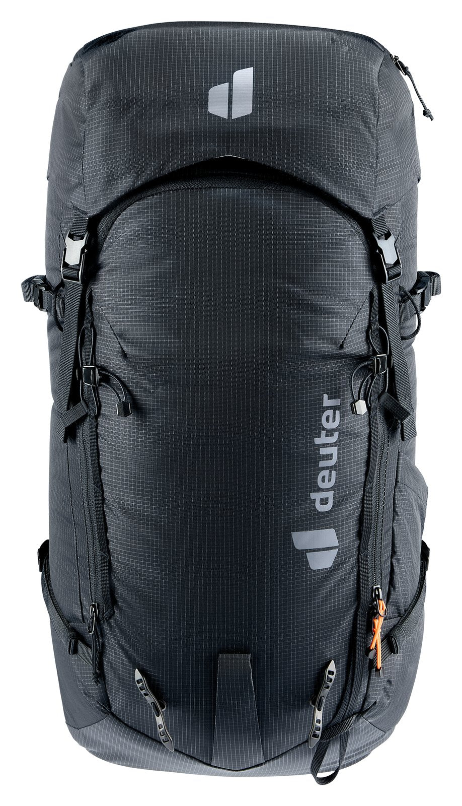 Deuter Freescape Tour 38 SL in Black, straight-on front view of the avalanche pocket zip