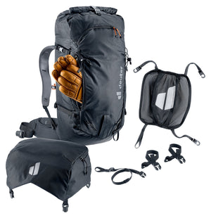 Deuter Freescape Tour 40 with lid detached and helmet holder laid out beside it