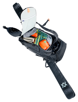 Deuter Freescape Tour 40 opened through the rear zip, with a ski strapped on