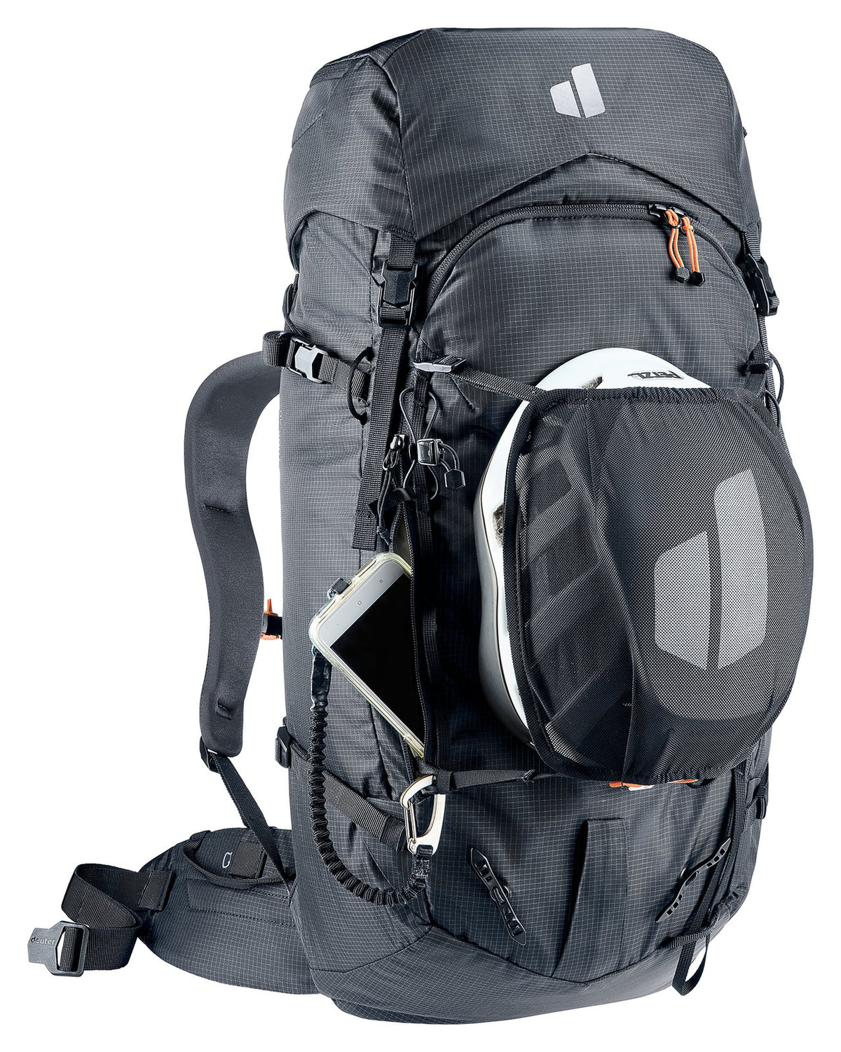 Deuter Freescape Tour 40 with a helmet in the stowable mesh helmet holder