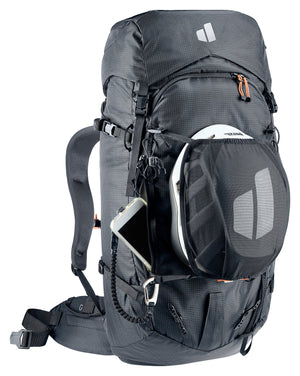 Deuter Freescape Tour 40 with a helmet in the stowable mesh helmet holder