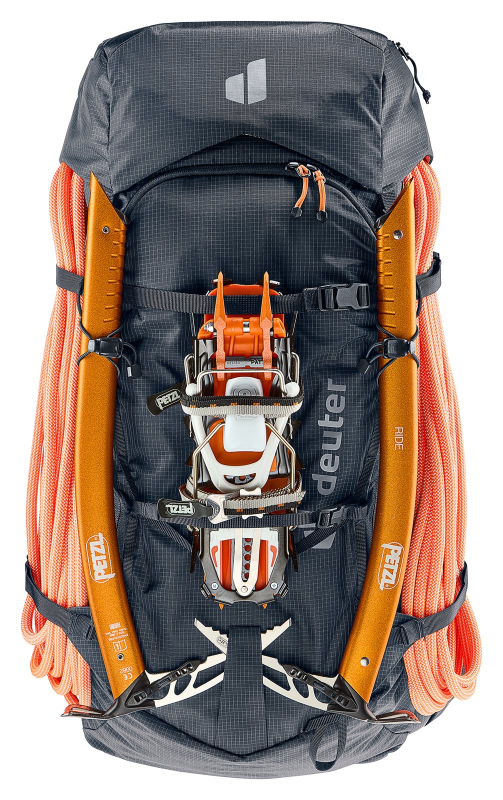 Deuter Freescape Tour 40 carrying a climbing rope, two ice axes and crampons