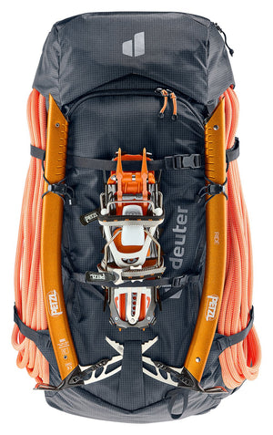 Deuter Freescape Tour 40 carrying a climbing rope, two ice axes and crampons