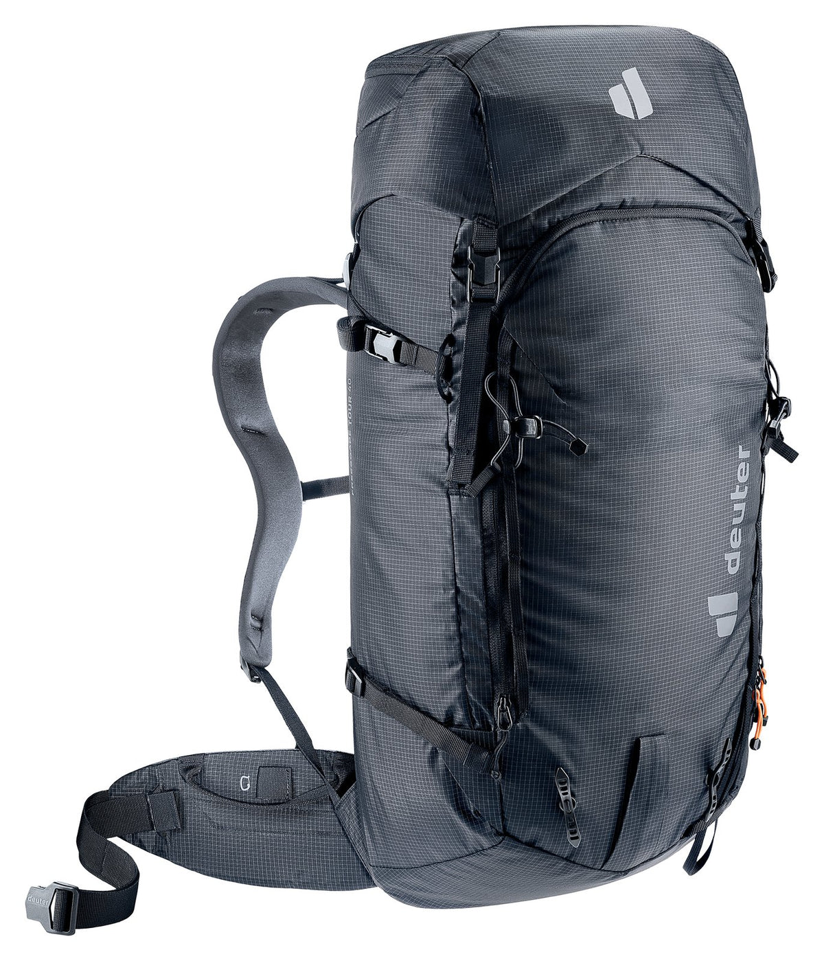 Deuter Freescape Tour 40 in Black, side three-quarter view of the shoulder strap