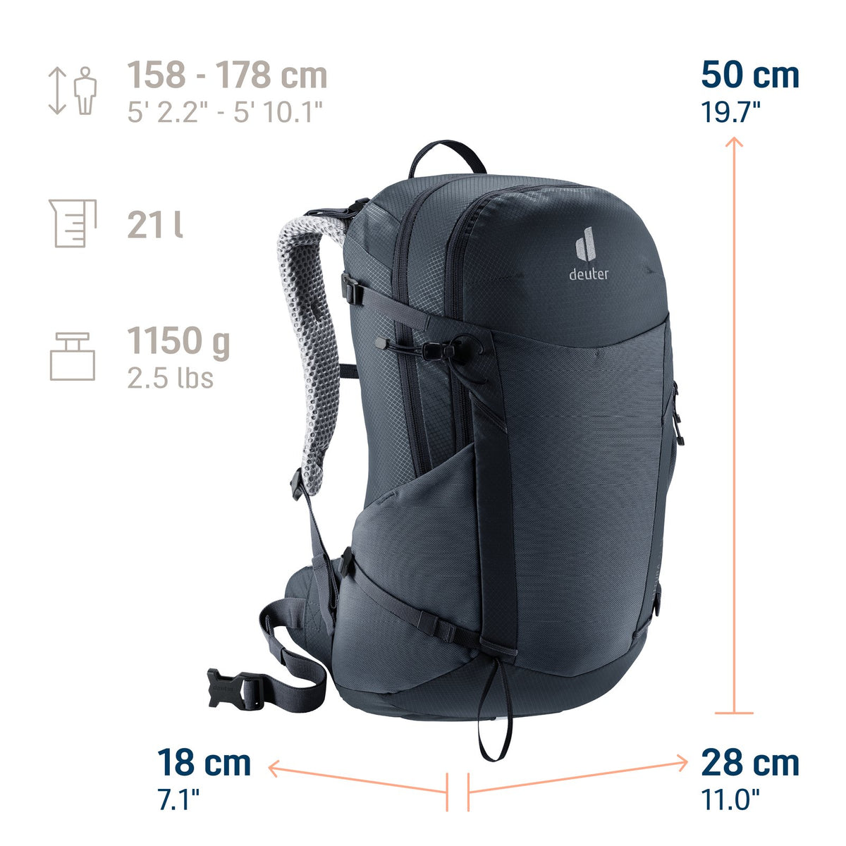 Deuter Futura 21 SL size guide: 21 litres, 1150 g, for body heights 158-178 cm