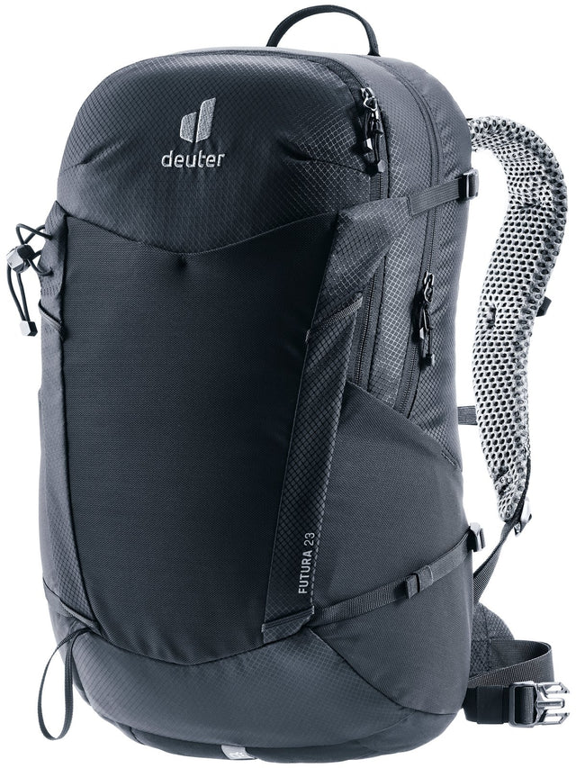Deuter Futura 23 hiking daypack in Black, front three-quarter view with mesh shoulder straps