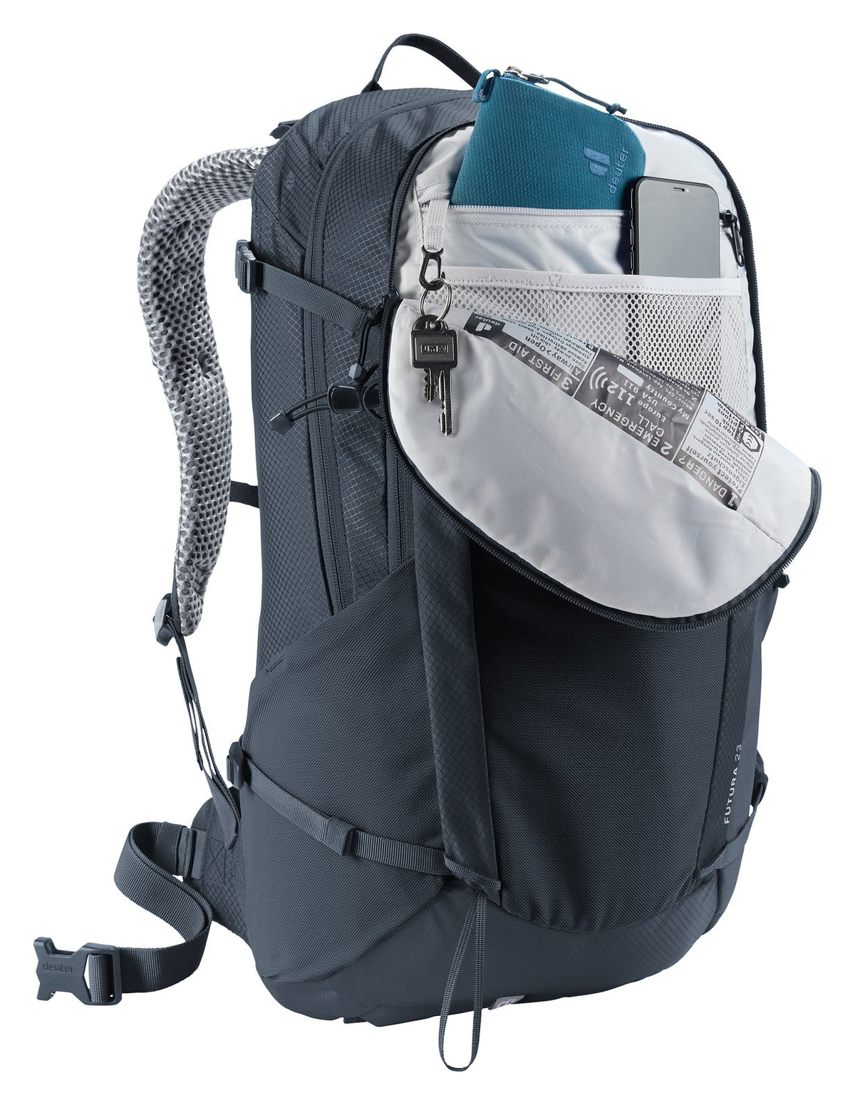 Deuter Futura 23 main compartment unzipped showing the inner organiser pocket
