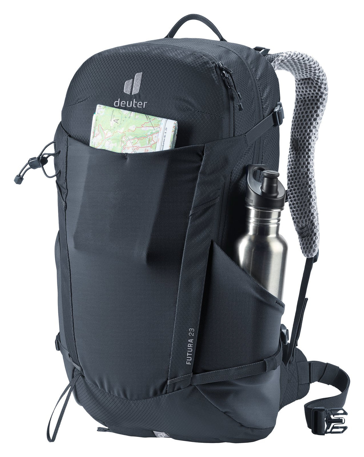 Deuter Futura 23 with a map in the mesh front pocket and a bottle in the side pocket