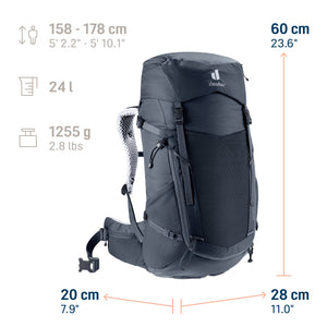 Deuter Futura 24 SL size guide: 60 x 28 x 20 cm, 24 litres, 1255 g, for body heights 158-178 cm