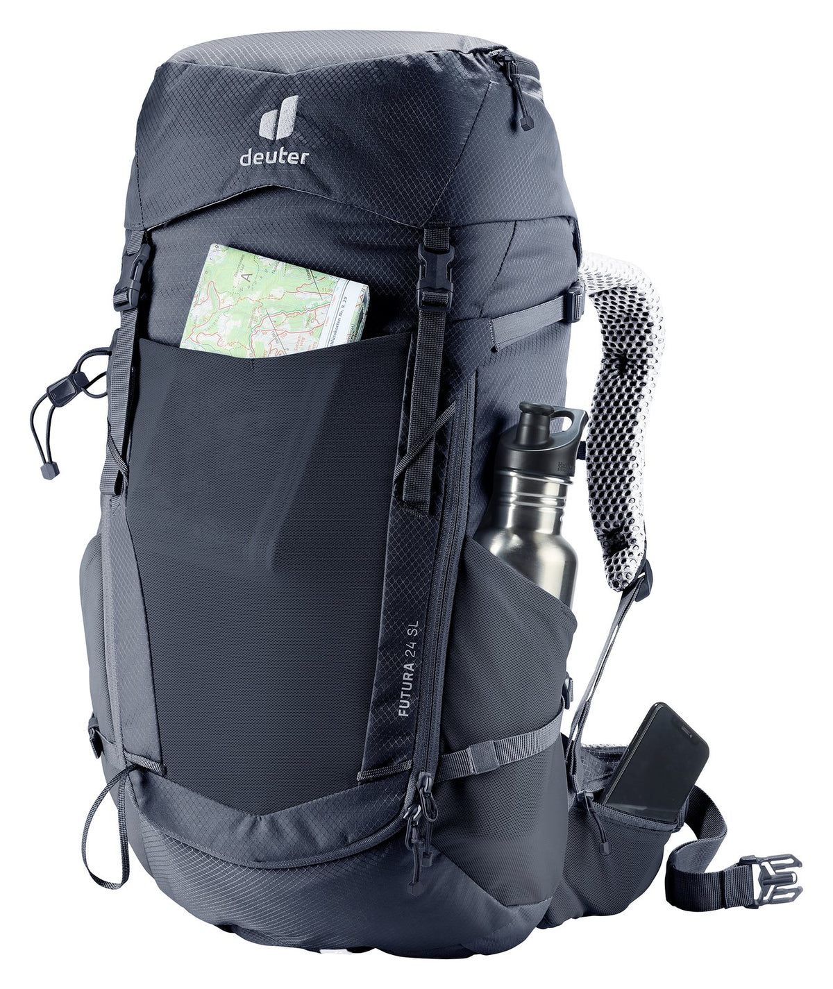 Deuter Futura 24 SL with a map in the front pocket and a bottle in the side pocket