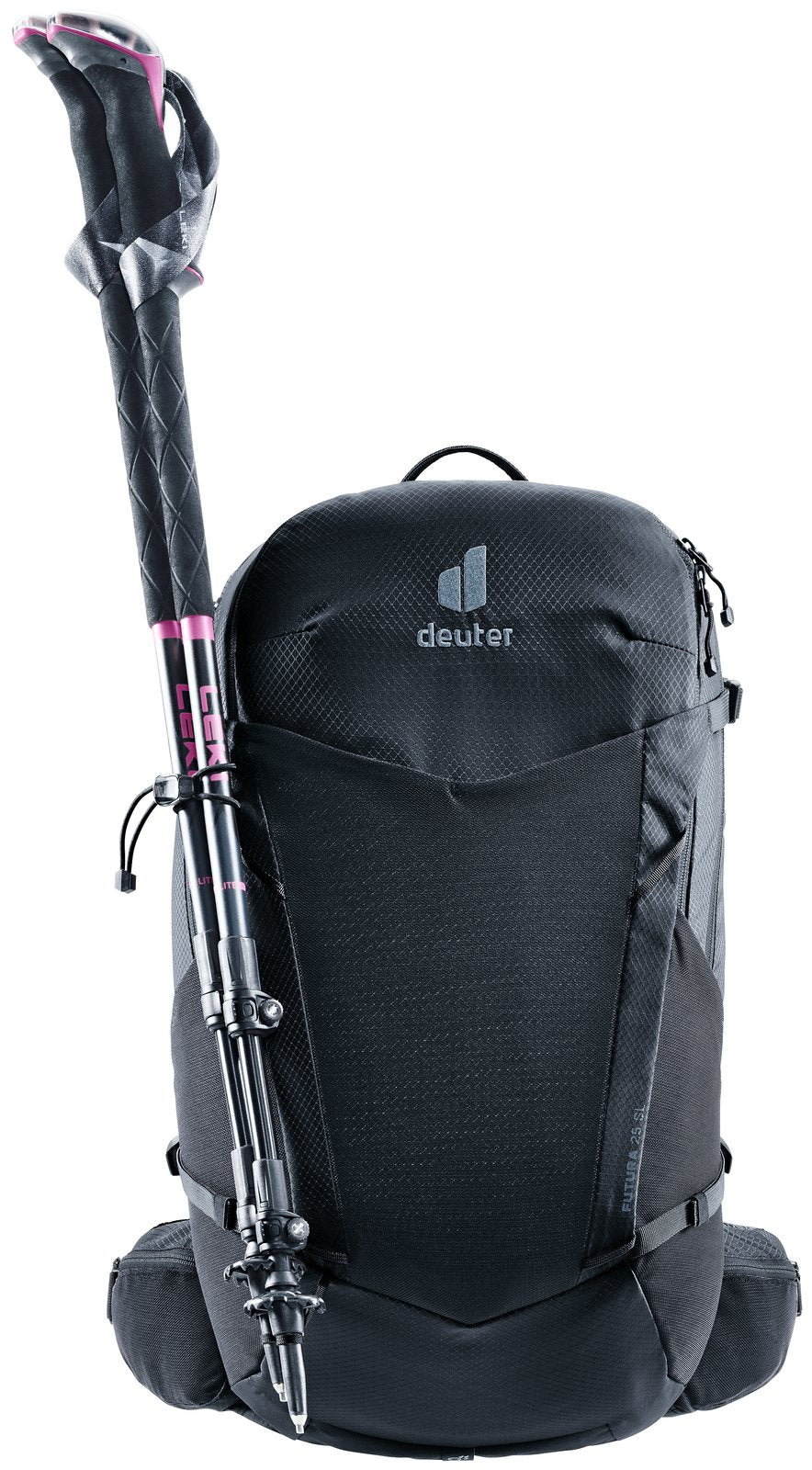 Deuter Futura 25 SL with a trekking pole held on the side pole attachment