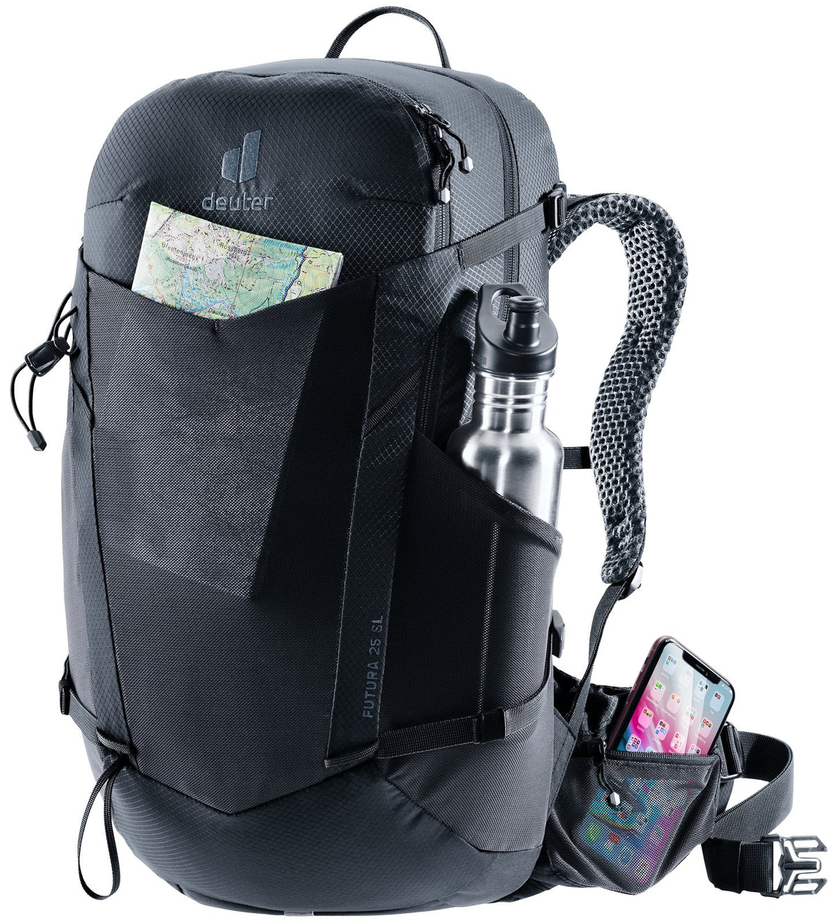 Deuter Futura 25 SL with a map in the mesh front pocket, bottle at the side and phone in the hip fin pocket