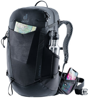 Deuter Futura 25 SL with a map in the mesh front pocket, bottle at the side and phone in the hip fin pocket