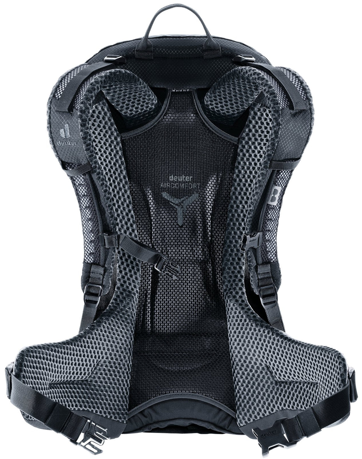 Back of the Deuter Futura 25 SL showing the Aircomfort mesh panel, shoulder straps and hip fins