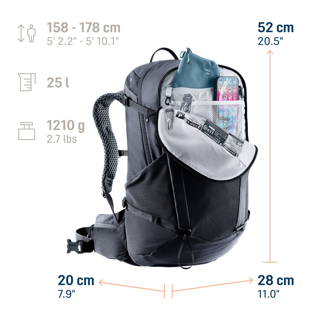 Deuter Futura 25 SL size guide: 25 litres, 1210 g, for body heights 158-178 cm