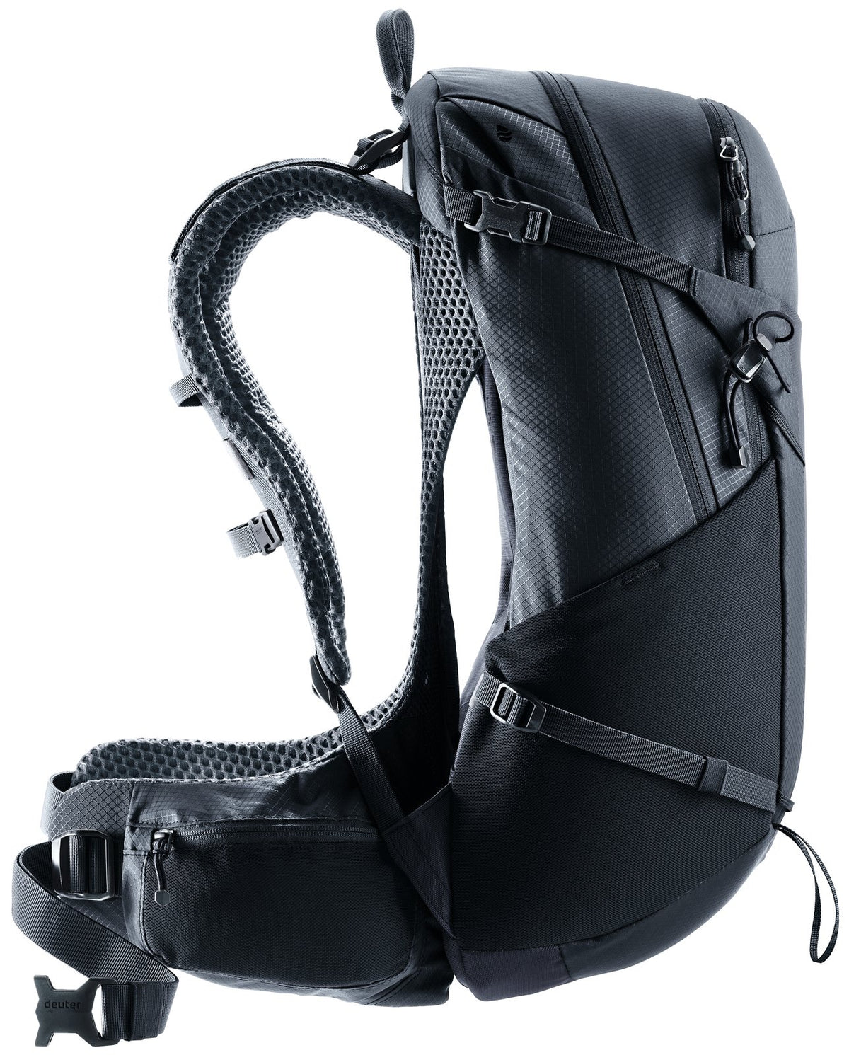 Side profile of the Deuter Futura 25 SL showing the air gap between the mesh back and pack body