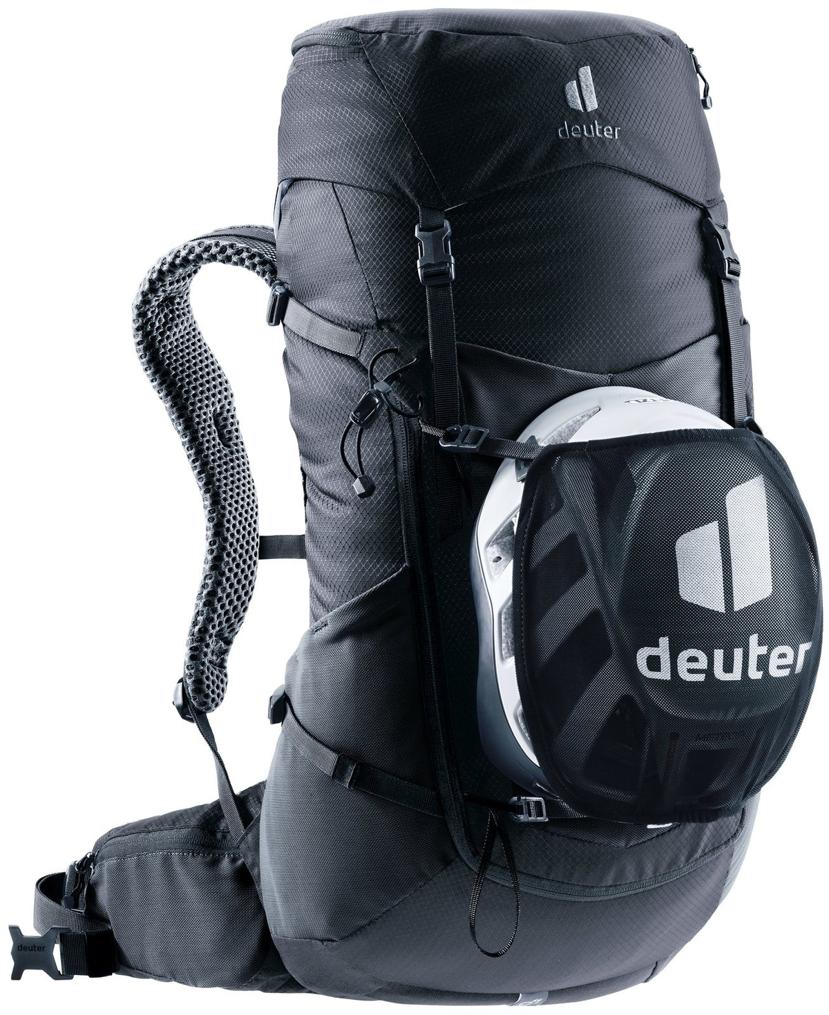 Deuter Futura 26 carrying a helmet in the Deuter mesh helmet holder, sold separately