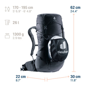 Deuter Futura 26 size guide: 62 x 30 x 22 cm, 26 litres, 1300 g, body heights 170-195 cm