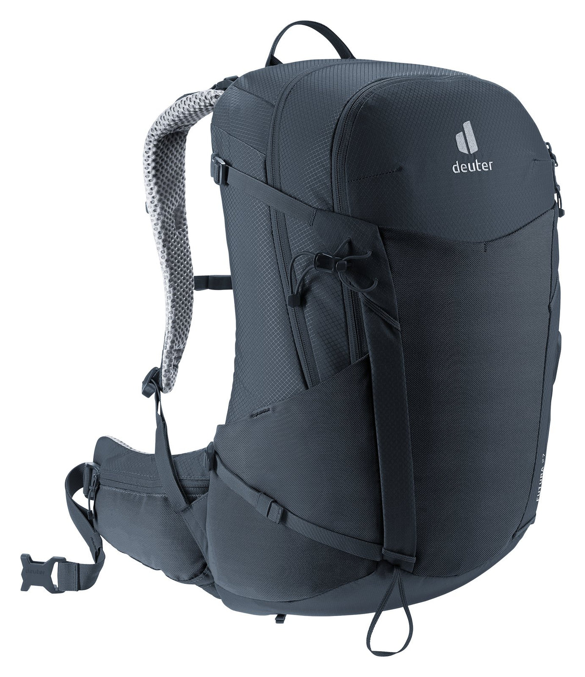 Deuter Futura 27 in Black, side three-quarter view with compression straps and hip fin