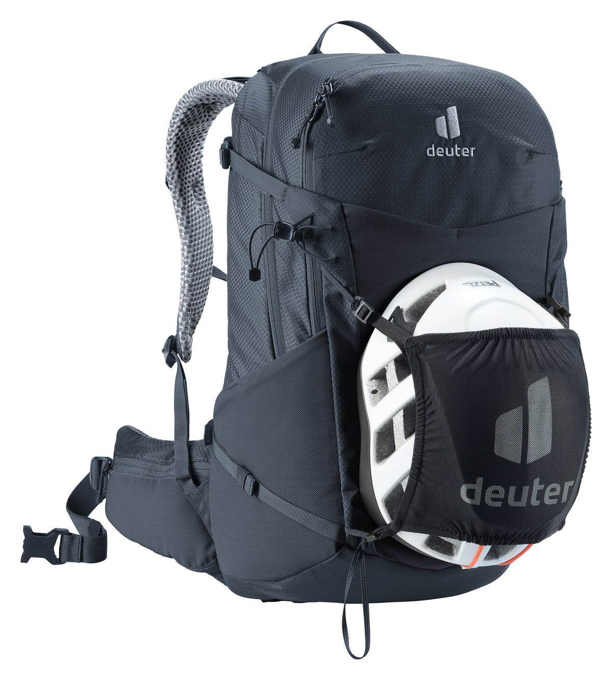 Deuter Futura 27 carrying a helmet in the Deuter mesh helmet holder, sold separately