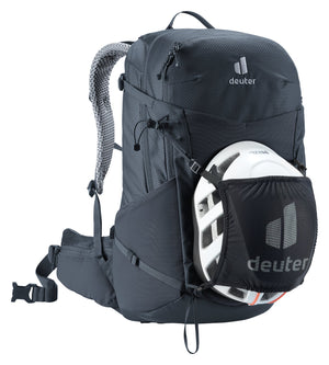 Deuter Futura 27 carrying a helmet in the Deuter mesh helmet holder, sold separately