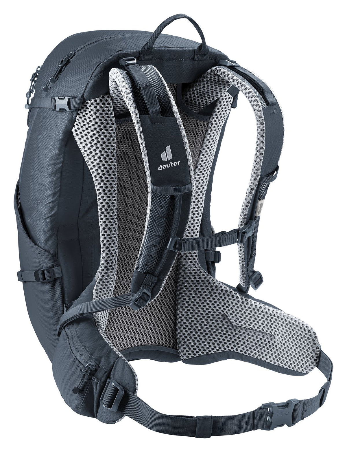 Deuter Futura 27 three-quarter rear view of the ActiveFit shoulder straps and sternum strap