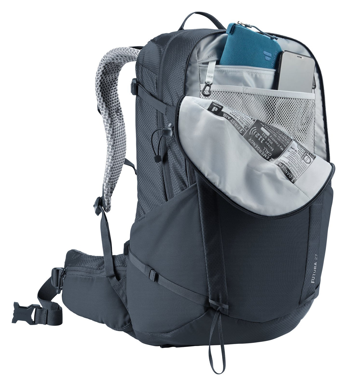 Deuter Futura 27 top opening unzipped, showing the main compartment and mesh lid organiser