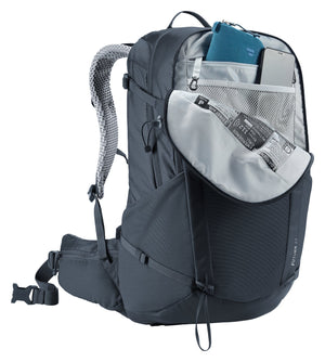 Deuter Futura 27 top opening unzipped, showing the main compartment and mesh lid organiser