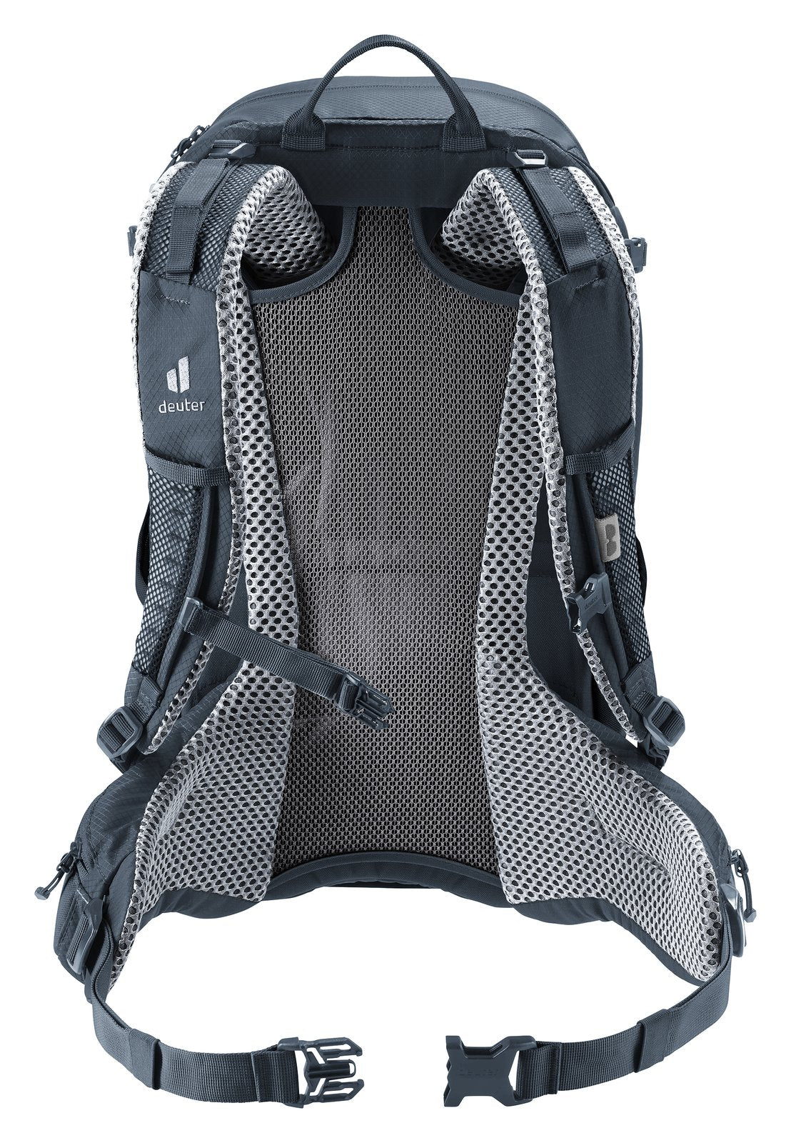Back of the Deuter Futura 27 showing the Aircomfort mesh panel, padded shoulder straps and hip fins