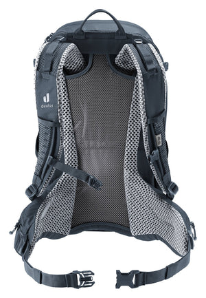 Back of the Deuter Futura 27 showing the Aircomfort mesh panel, padded shoulder straps and hip fins